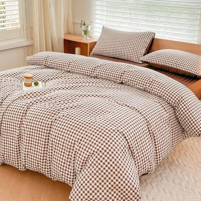 NSNLGSGC Mocha Gingham Duvet Cover Set, Queen
