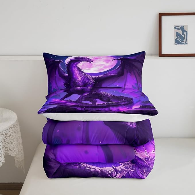 Purple Dragon Comforter Set King Size,3D Moon Starry Sky Glitter Bedding Set for Kids Boys Girls Room Decor,Flying Magical Dragon Trippy Duvet Insert 3Pcs,Wild Animal Print Quilt Set,2 Pillowcases
