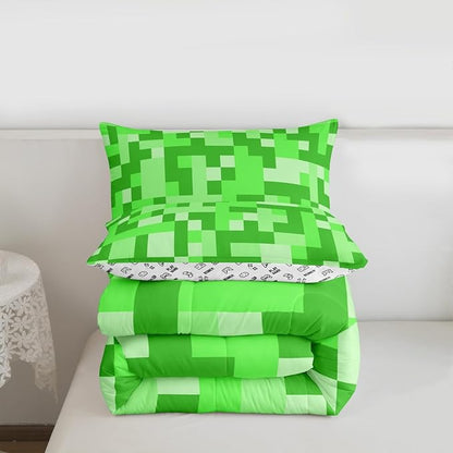 Pixelated Miners Game Kids Bedding Set King Size,Video Games Gamepad Gaming Comforter Set,Geometric Square Quilt Comforter,Light Green Bedroom Duvet Insert,2 Pillowcases