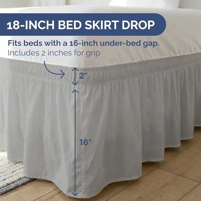 Wrap Around Dust Ruffle Bed Skirt - Light Grey - for King Size Beds with 18 Inch Drop - Elastic Strap - Adjustable Pleated Bedskirt with Brushed Fabric and Wrinkle Free - for Women, Men, Kids & Teens