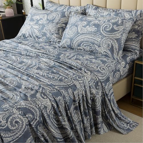 FADFAY Twin XL Sheet Set – 4 Piece Bed Sheets for College Dorms, Vintage Blue Grey Paisley Floral Pattern Soft and Breathable 100% Cotton, Includes 1 Fitted Sheet, 1 Flat Sheet and 2 Pillowcases