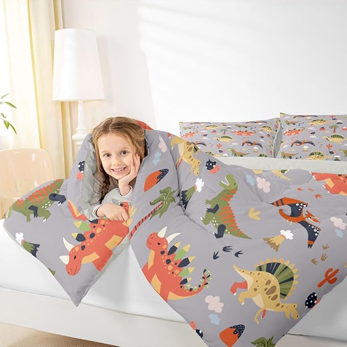 Feelyou Cartoon Dinosaur Comforter Set All Season Cute Bedding Set with 2 Pillow Cases Jungle Dino Kids Full Bedclothes Wild Animal Bedroom Decor Gray Duvet Quilt Breathable Soft