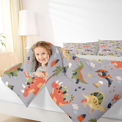 Feelyou Cartoon Dinosaur Comforter Set All Season Cute Bedding Set with 1 Pillow Cases Jungle Dino Kids Toddler Bedclothes Wild Animal Bedroom Decor Gray Duvet Quilt Breathable Soft