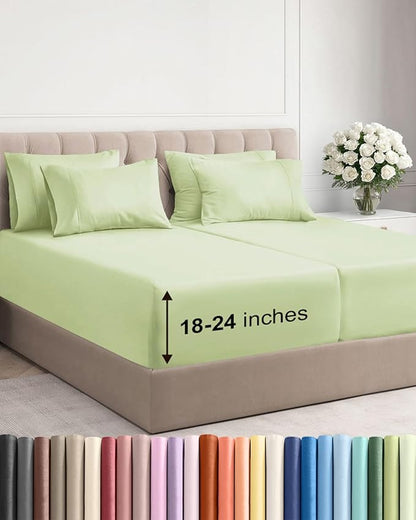 Extra Deep Split King Sheet Set - 7 Piece Breathable and Cooling Sheets - Hotel Luxury Bedding for Women, Men, Kids & Teens - Easy Secure Fit - Soft & Wrinkle Free - Extra Deep Pockets - Light Sage