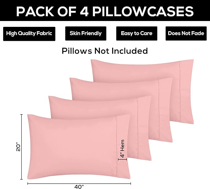 Utopia Bedding King Pillow Cases - 4 Pack - Envelope Closure - Soft Brushed Microfiber Fabric - Shrinkage and Fade Resistant Pillow Covers King Size 20 X 40 Inches (King, Pink)