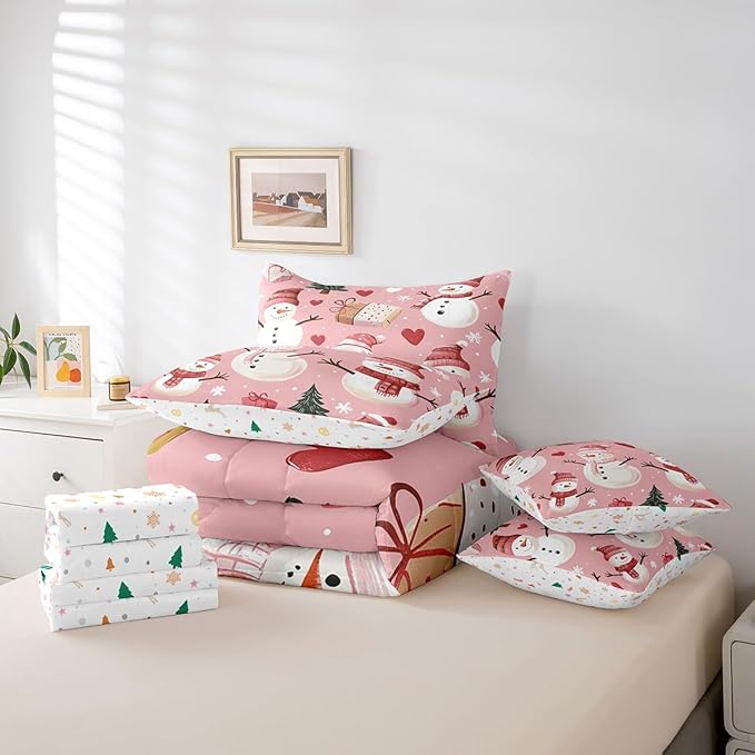 Cute Snowman Full Comforter Set with Sheets Bed in a Bag 7 Pcs,Christmas Trees Gifts Bed Set,Red Hearts Winter Snow Bedding Sets with Comforter,Flat,Fitted Sheet,Pillowcases,Pillow Covers
