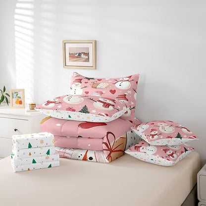 Cute Snowman Full Comforter Set with Sheets Bed in a Bag 7 Pcs,Christmas Trees Gifts Bed Set,Red Hearts Winter Snow Bedding Sets with Comforter,Flat,Fitted Sheet,Pillowcases,Pillow Covers
