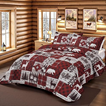 Tritard 2 Piece Christmas Plaid Quilt Sets Twin Size Bedding Set, Red Bear