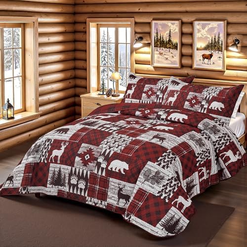 Tritard 3 Piece Christmas Plaid Quilt Sets King Size Bedding Set, Red Bear