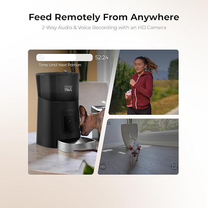 Smart HD Pet Feeder, 6L Dry Food Capacity, 1080p Camera, 2-Way Audio, Scheduled Meals, Backup Power, Easy to Clean, Anti-Jam Design for Cat & Dog, Black/Stainless Steel