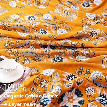 VANJOROY Boho Throw Blanket, 100% Cotton Soft Sofa Bed Queen Throw-Floral Farmhouse Decor Blanket, Reversible Bohemian Yellow Throw for Chair Couch Quilt and Gift, 80" x 90"