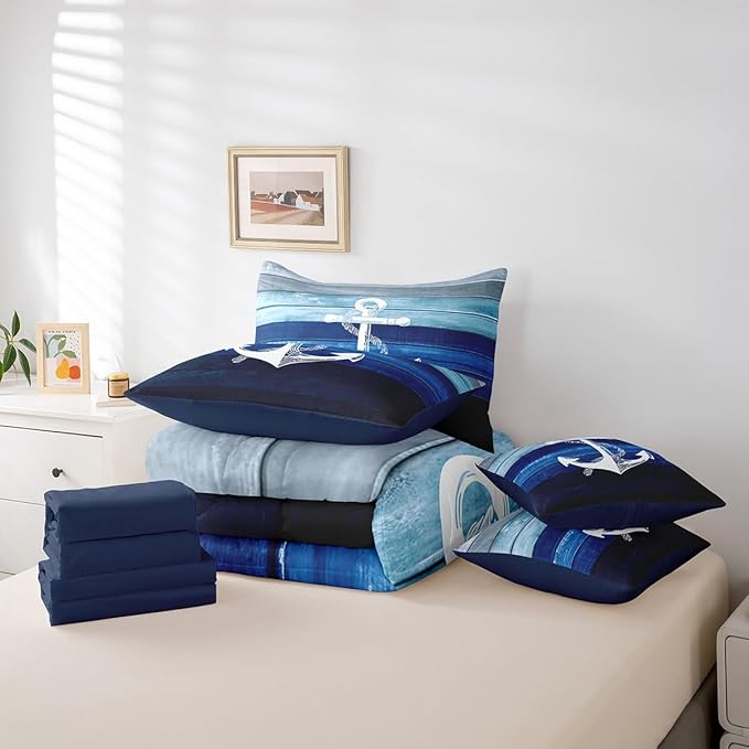 7 Pcs Sailing Anchor Bedding Sets Gradient Blue Wooden Stripes Comforter Set for Kids Teens Adults Bed in a Bag(Comforter,Flat Sheet,Fitted Sheet,2 Pillowcases,2 Pillow Covers) Queen Size