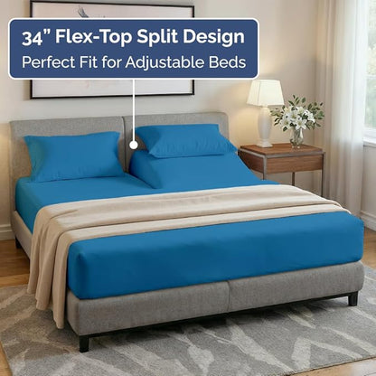 Flex Top Split Head King 4 Piece Sheet Set - Comfy Breathable & Cooling Bed Sheets Set - Hotel Luxury Bedding for Women, Men, Kids, Teens, Boys & Girls - Deep Pockets, Soft and Oeko-Tex - Denim Blue