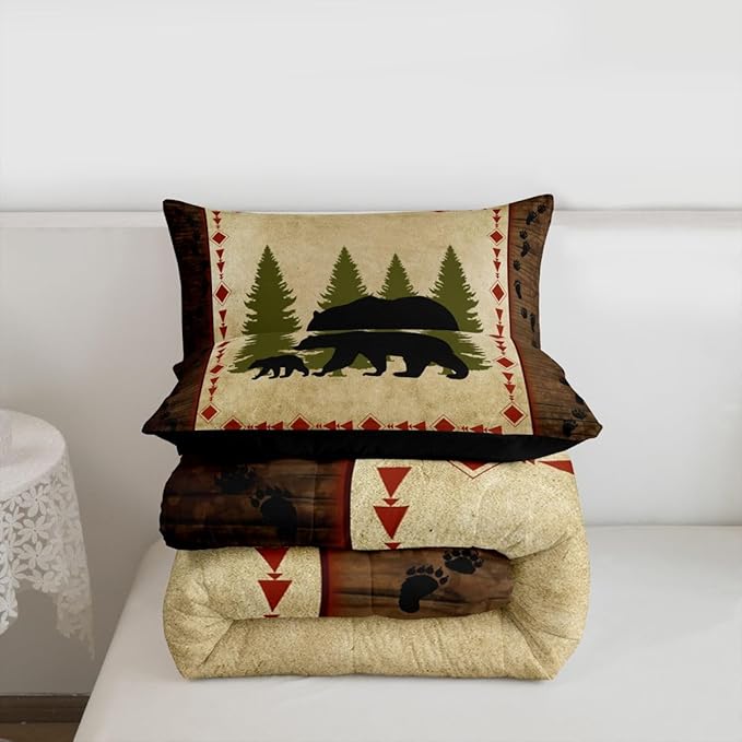 Erosebridal Bear Comforter Set Twin Size Rustic Farmhouse Wildlife Bedding Wild Animals Quilt Country Cabin Lodge Decor Down Comforter Nature Woodland Bear Paw Print Duvet Insert Brown Green