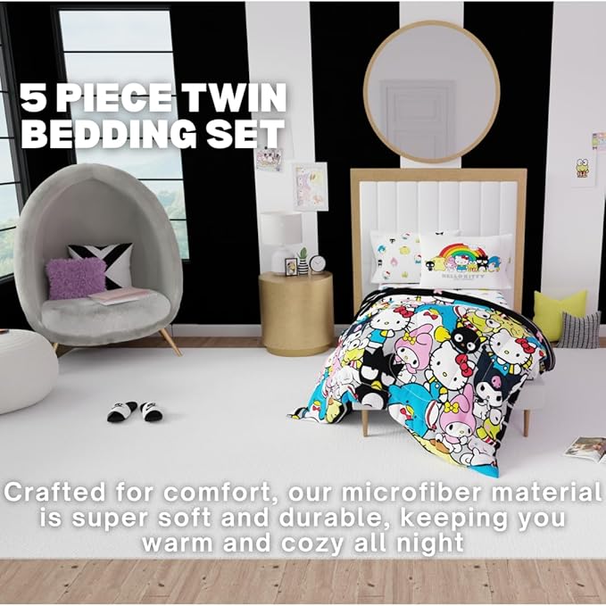 Franco Collectibles Hello Kitty & Friends Bedding 5 Piece Super Soft Comforter and Sheet Set with Sham, Twin, (Official Licensed Product)
