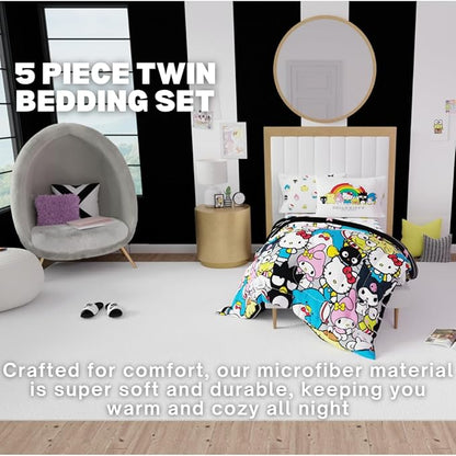 Franco Collectibles Hello Kitty & Friends Bedding 5 Piece Super Soft Comforter and Sheet Set with Sham, Twin, (Official Licensed Product)