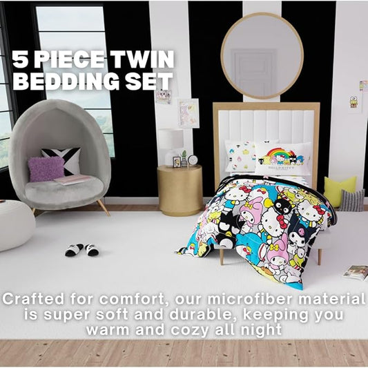 Franco Collectibles Hello Kitty & Friends Bedding 5 Piece Super Soft Comforter and Sheet Set with Sham, Twin, (Official Licensed Product)