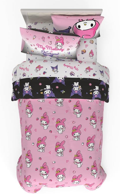 Sanrio Kuromi & My Melody Bedding 5 Piece Super Soft Cozy Reversible Comforter and Sheet Set with Sham, Twin, (Officially Licensed Product) by Franco