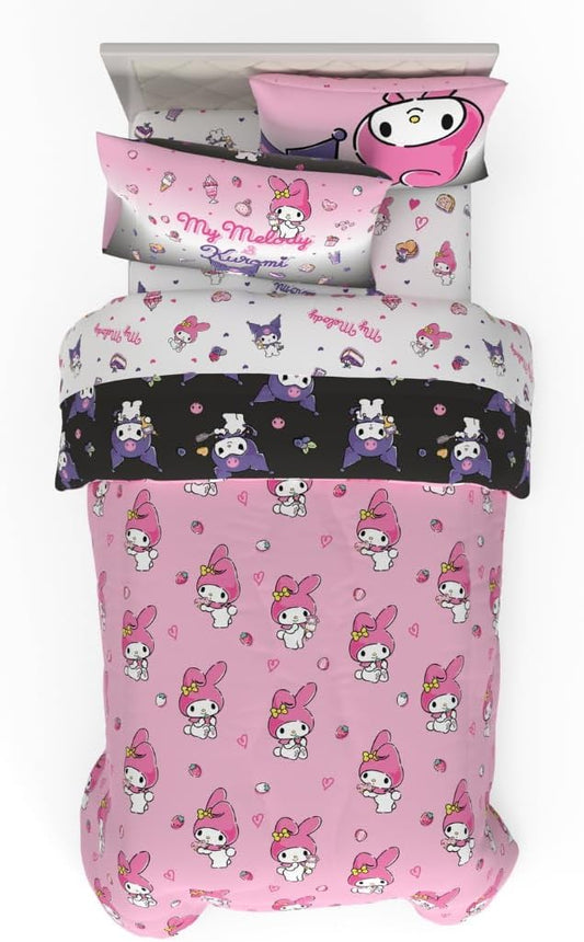 Sanrio Kuromi & My Melody Bedding 5 Piece Super Soft Cozy Reversible Comforter and Sheet Set with Sham, Twin, (Officially Licensed Product) by Franco