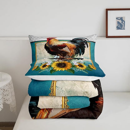 Erosebridal Chicken Comforter Set Queen Size Sunflower Bedding Grey Honeycomb Blue Yellow Rooster Down Farmhouse Wild Animal Leaves Room Decor Comforters & Sets for Adult Kids Boys,Multi 121