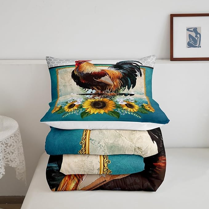 Erosebridal Chicken Comforter Set King Size Sunflower Bedding Grey Honeycomb Blue Yellow Rooster Down Farmhouse Wild Animal Leaves Room Decor Comforters & Sets for Adult Kids Boys, Multi 121