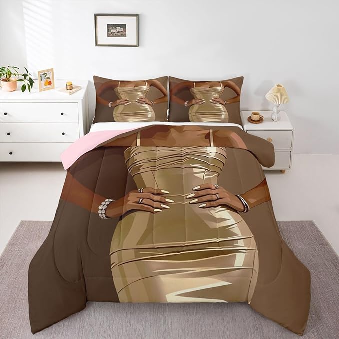 Erosebridal Fashion Black Woman Bedding Set for Kids Vogue Black Girls Full Comforter Set Fashionable Gorgeous Duvet Insert for Girls Women Teens Romantic Fashion Theme Quilt with 2 Pillow Cases