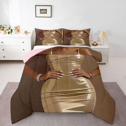 Erosebridal Fashion Black Woman Bedding Set for Kids Vogue Black Girls Full Comforter Set Fashionable Gorgeous Duvet Insert for Girls Women Teens Romantic Fashion Theme Quilt with 2 Pillow Cases