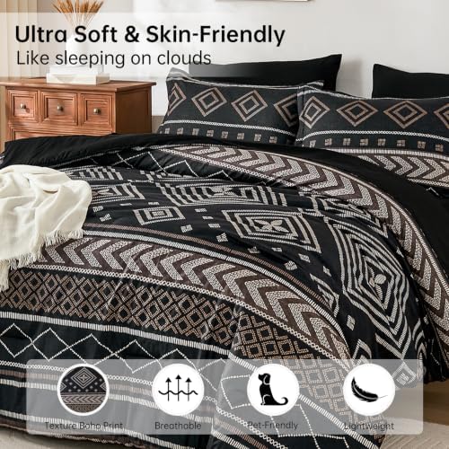 Yiran Boho Comforter Set Queen Size, 7 Pieces Aztec Black Bed in a Bag