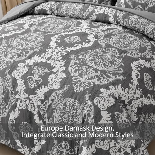 WONGS BEDDING Dark Grey Comforter Set King Size, Damask Texture 7 Pieces Bed in a Bag Microfiber Comforter Bedding Sets -1 Comforter, 1 Flat Sheet, 1 Fitted Sheet, 2 Pillow Shams, 2 Pillowcases