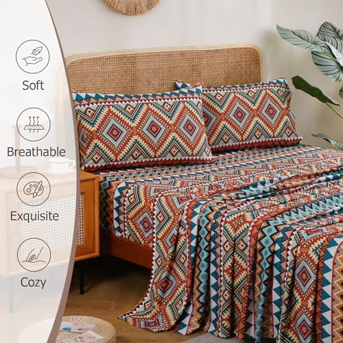 CozySmile 4 Pieces Queen Sheet Set Bohemian, Boho Sheets Soft Microfiber Deep Pocket, Western Sheets Geometric(Queen, Rust Turquoise Diamond)