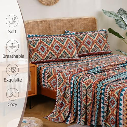 CozySmile 4 Pieces Queen Sheet Set Bohemian, Boho Sheets Soft Microfiber Deep Pocket, Western Sheets Geometric(Queen, Rust Turquoise Diamond)