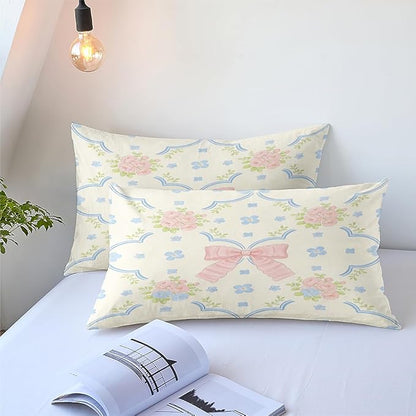 Teens Pink Blue Flowers 3-Piece Comforter Set for Girls, King Size Pink Bow Bedding Sets with Blue Floral, Bed Set for All Season Includes 1 Comforter 104"x90" and 2 Pillowcases