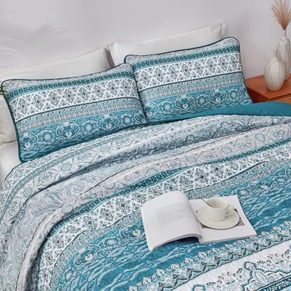 WONGS BEDDING Boho King Quilt Bedding Set, 3 Pieces Bedspread, Blue Green