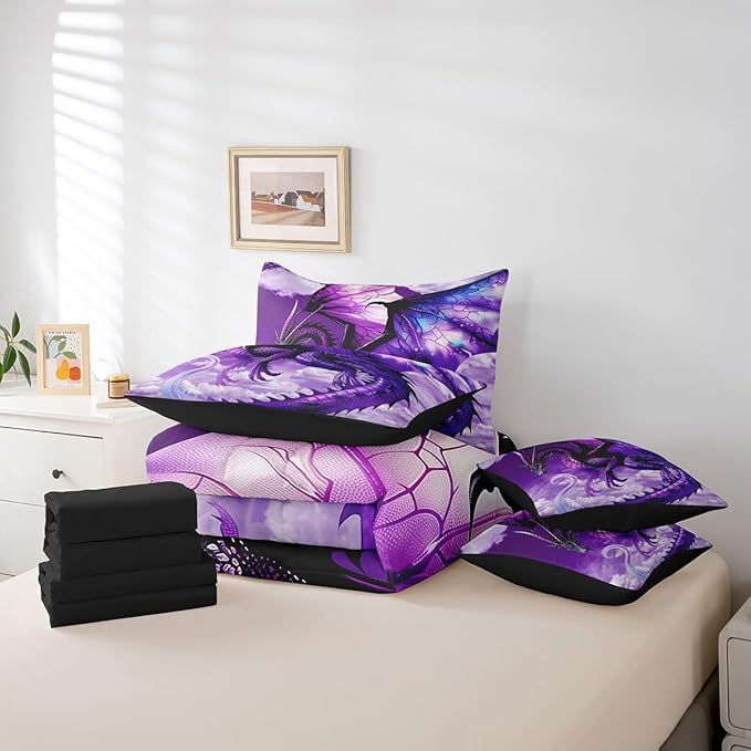 Erosebridal 3D Dragon Bed in a Bag King Size Comforter Set 7 Pieces,Fantasy Dragon Wings Vintage Gothic Bedding Sets Prehistoric Wildlife Sheet Set with Comforter