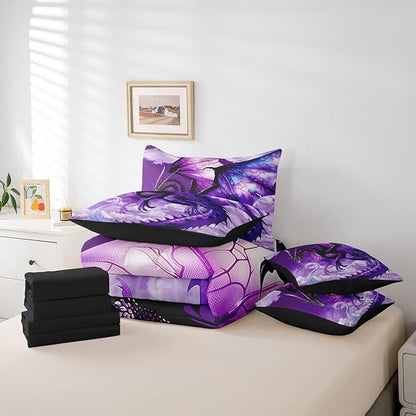 Erosebridal 3D Dragon Comforter Set 7 Piece Bed in a Bag Twin,Fantasy Dragon Wings Vintage Gothic Bedding Sets Prehistoric Wildlife Sheet Set with Comforter