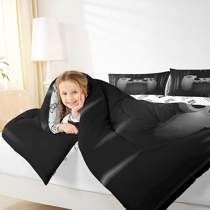 Feelyou Boys Gamer Comforter Set King Size Bedding Set for Kids Gaming Comforter Gray Black Video Games Gamepad Room Decor for Teens Child Super Soft Geometric Duvet Quilted Son Grandson Gift