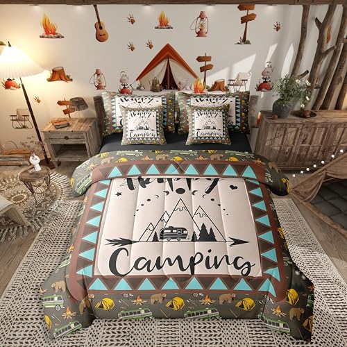 Erosebridal Kids Camping 7 Piece Comforter Set Queen Bed in a Bag,Camper Accessories Sheets,Rustic Farmhouse Bedding Set for Kids Boys Teens,Sketch Drawing Quilt Comforter for Travel Trailers