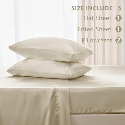 CozyLux Satin Sheets Full Size Sheets - 4 Piece Silky Full Size Bed Sheets, Luxury Beige Full Bed Set with Smooth and Soft Microfiber, Includes 1 Fitted Sheet, 1 Flat Sheet and 2 Pillowcases
