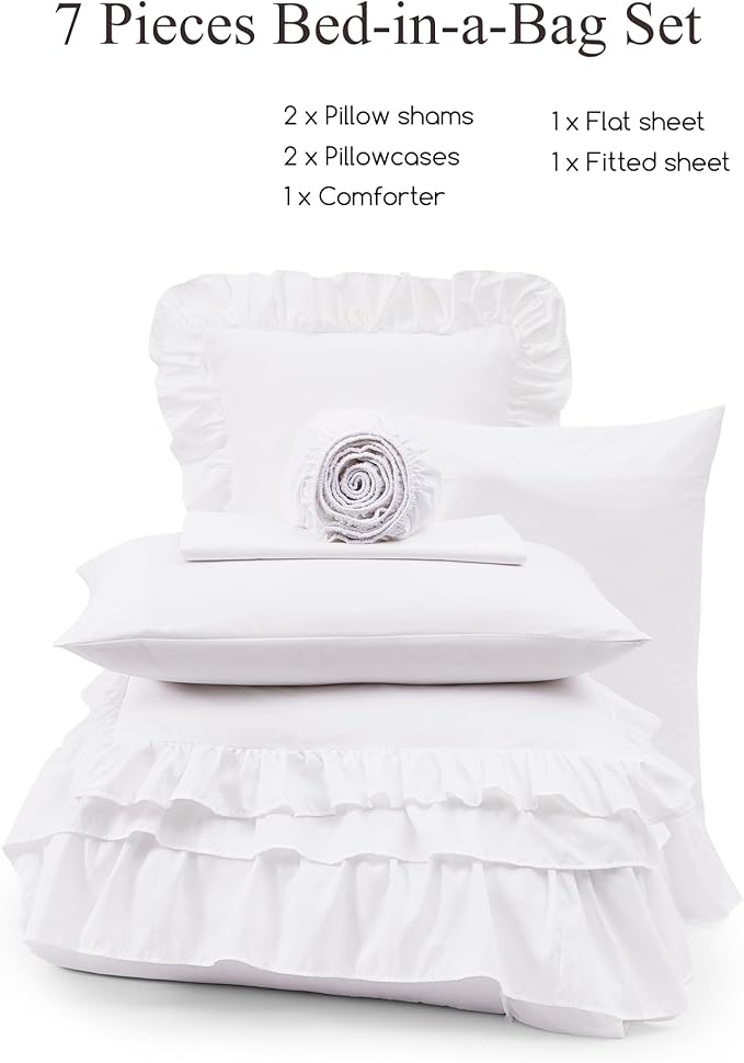 Queen Comforter Set White, Ruffle Shabby Chic Bedding Set Farmhouse 7 Pieces, All Season Fluffy Bed in a Bag with Sheets, Pillowcases & Shams