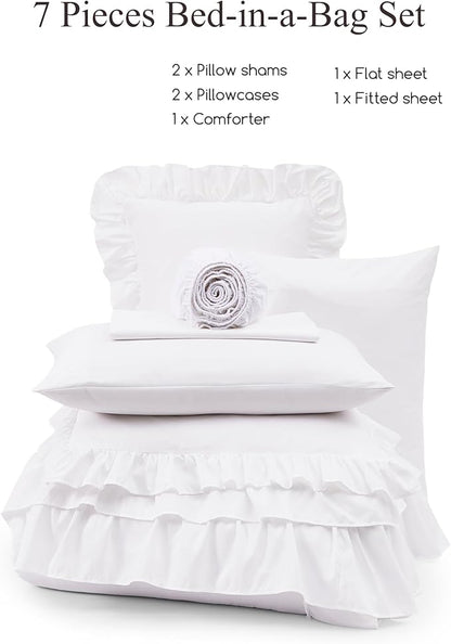 Queen Comforter Set White, Ruffle Shabby Chic Bedding Set Farmhouse 7 Pieces, All Season Fluffy Bed in a Bag with Sheets, Pillowcases & Shams
