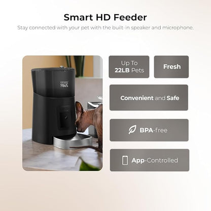 Smart HD Pet Feeder, 6L Dry Food Capacity, 1080p Camera, 2-Way Audio, Scheduled Meals, Backup Power, Easy to Clean, Anti-Jam Design for Cat & Dog, Black/Stainless Steel