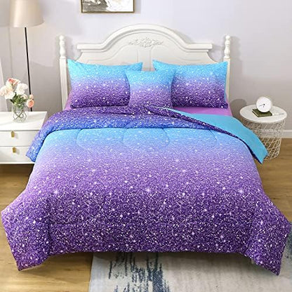 JQinHome Full Blue Purple Comforter Set, 6 Piece Bed in A Bag 3D Colorful Ombre Bedding Set for Girls Women (1 Comforter,2 Pillowcases,1 Flat Sheet,1 Fitted Sheet,1 Cushion Cover)(Blue Purple)