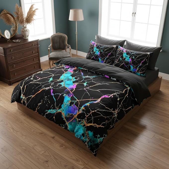 Black Marble Comforter Set Queen Size, Gradient Abstract Line Bedding Set, Glowing Marbling Texture Lightweight Down Alternative Comforter- 3Pieces Microfiber Bedding for Adult Women