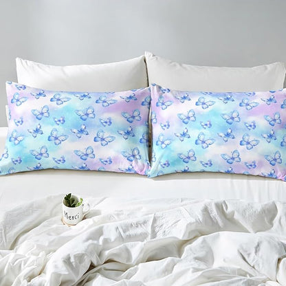 Erosebridal Pink Blue Butterfly Sheets for Boys Girls Watercolor 3D Printed Fitted Sheet,Purple Colorful Rainbow Kids Bedding Sets Fantasy Dreamy Princess Bed Sets Queen 3 Piece