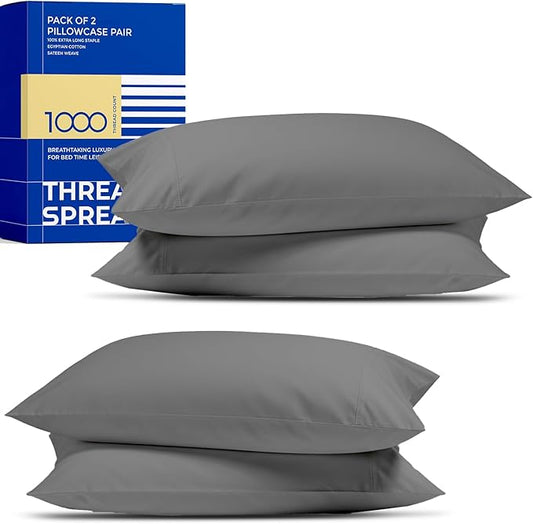Thread Spread 100% Egyptian Cotton King Size Pillow Cases Set of 4 - Luxury 1000 Series Paradise Collection Pillow Cases King Size (Pack of 2, Dark Grey), Soft Hotel Egyptian Cotton Pillowcases