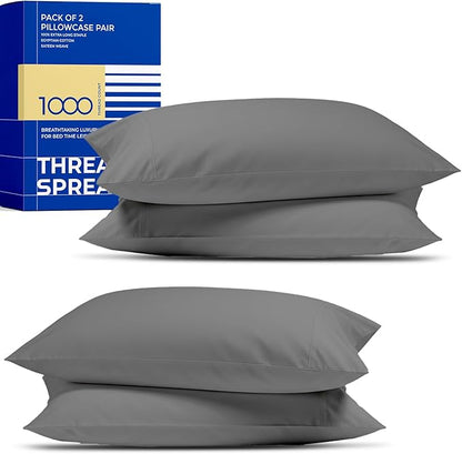 Thread Spread 100% Egyptian Cotton Pillow Cases Queen Size Set of 4 - Luxury 1000 Series Paradise Collection Queen Pillow Cases (Pack of 2, Dark Grey), Soft Cooling Hotel Egyptian Cotton Pillowcases