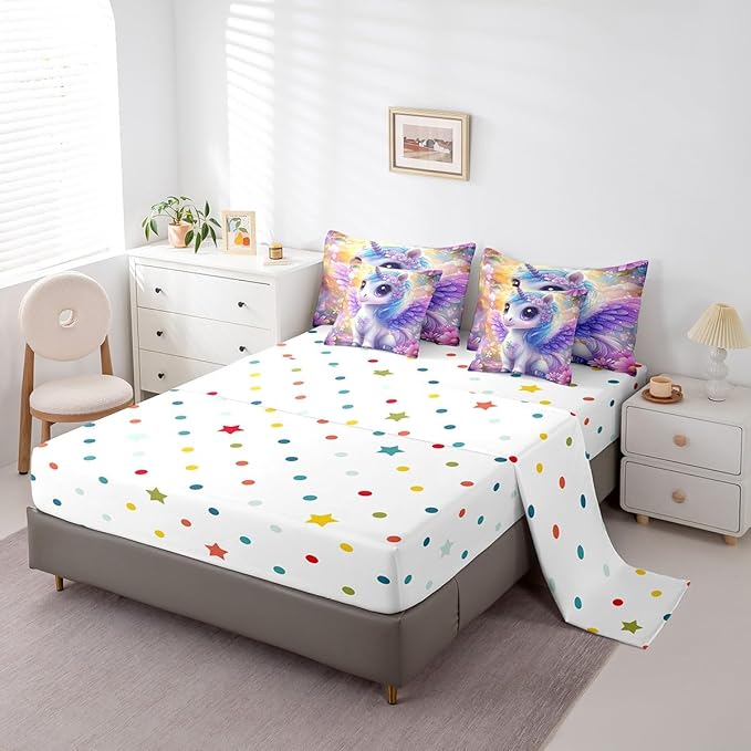 Feelyou Unicorn Comforter Set 7 Pieces King Size Floral Flower Bedding Set for Boys Girls Dreamy Horse Bed in a Bag with Comforter, Sheets, Pillowcases & Cushion Covers