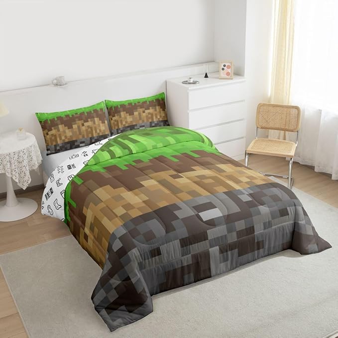 Miners Pixel Checked Kids Comforter Set Full Size,Video Games Check Lattice Bedding Set,Boys Room Decor,Game Cartoon Gamepad Quilt Comforter,Gray Green Brown Duvet Set Bedroom Quilt Set,2 Pillowcases