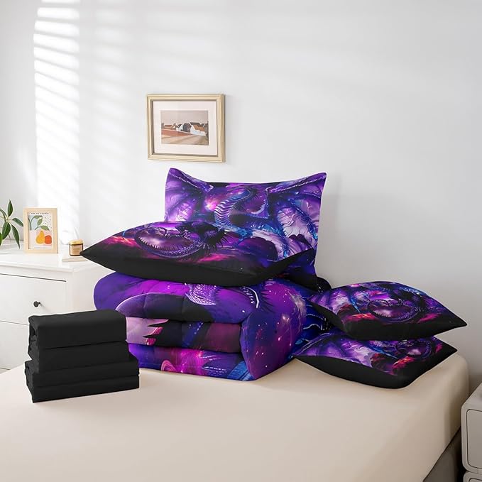 Erosebridal Dragon Bed in a Bag Queen Comforter Set 7 Piece,Vintage Dreamy Blue Dragon Wings Bedding Sets Prehistoric Mythical Animal Sheet Set with Comforter