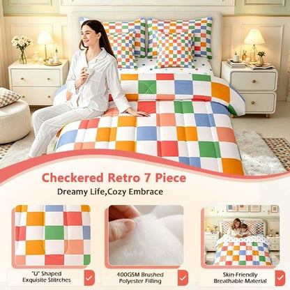 Feelyou Checkered Retro 7 Piece Bedding Set Teen Women Men Rainbow Colorful Plaid Comforter Set with Sheets Full Size Kids Boys Geometric Vintage Bed in a Bag Modern Groovy Aesthetic Room Decor